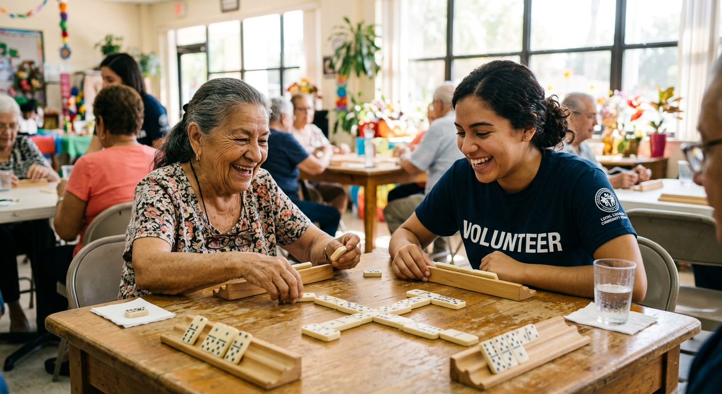 An older woman plays dominoes with a young volunteer at a community center