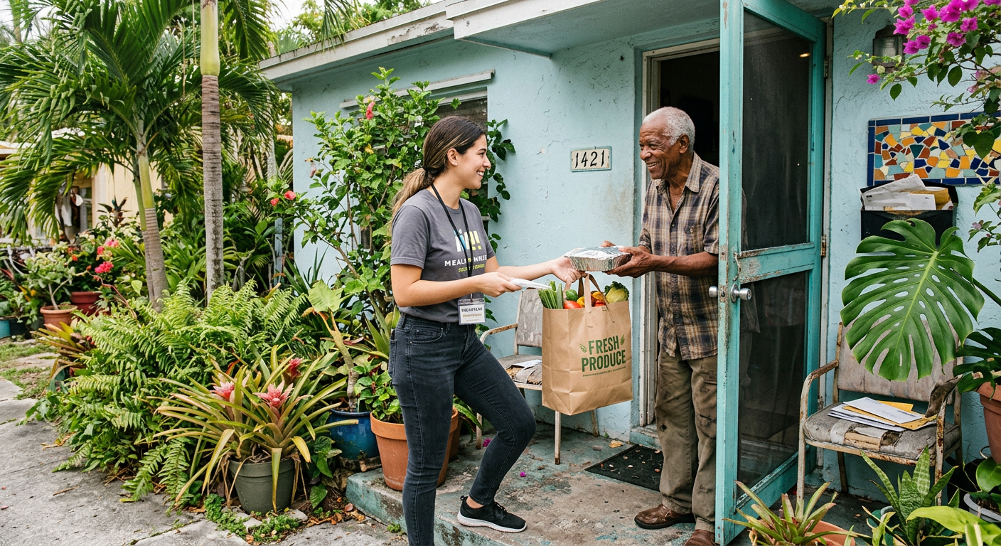A volunteer delivers groceries to a smiling older man at his front door
