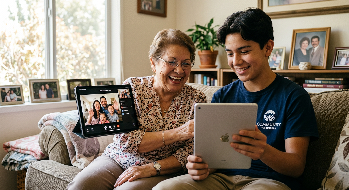 A teenage volunteer helps a grandmother video call family on a tablet